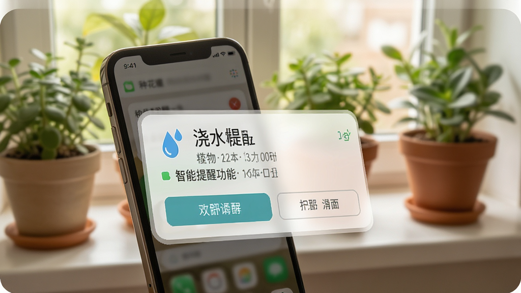 种花日记智能提醒功能展示图,画面中一部手机弹出浇水提醒通知,通知卡片上有小水滴图标和植物名称,背景是室内窗台边的绿植盆栽,风格温馨生活化,细节包括通知时间和操作按钮,画质高清,干净,无多余元素