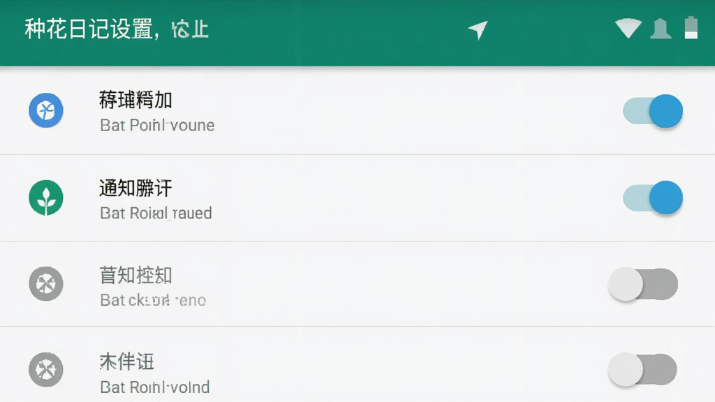 种花日记应用权限设置界面截图,画面为手机屏幕显示应用权限管理页面,列表中存储和通知权限显示为已允许状态,其他权限为灰色关闭状态,界面风格为安卓原生设置样式,配色简洁,细节包括权限图标和开关按钮,画质清晰,干净,无多余元素