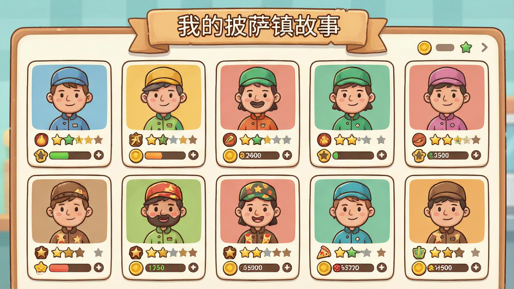 一张卡通风格的披萨店员工管理界面插画,画面展示一个员工管理面板,面板中排列着多位卡通员工头像卡片,每位员工穿着不同颜色的工作服,卡片上显示有技能图标和等级星星,面板上方有写有