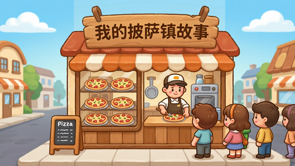 一幅卡通风格的披萨店经营场景插画,画面中央是一家温馨的小披萨店,店门口挂着写有