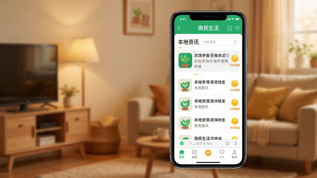 一张手机屏幕展示微民生活App主界面,界面包含农场种植模块、本地资讯列表与个人中心入口,背景是温馨的居家环境,布局简洁清晰,排版为竖版手机展示图,风格偏生活化扁平设计,细节包括绿色植物图标、金币收益标识与底部导航栏,画质高清,干净,无多余元素