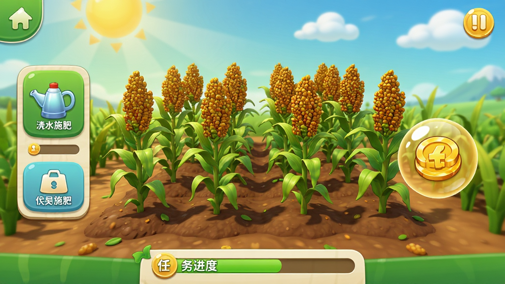微民生活App农场种植界面截图风格,画面中央是一片虚拟农田,种植着成熟的高粱作物,左侧显示浇水施肥按钮,右侧有金币收益气泡,底部是任务进度条,整体采用明快的绿色与金色搭配,布局为竖版手机界面,风格卡通写实结合,细节包含阳光、云朵与土地纹理,画质高清,干净,无多余元素