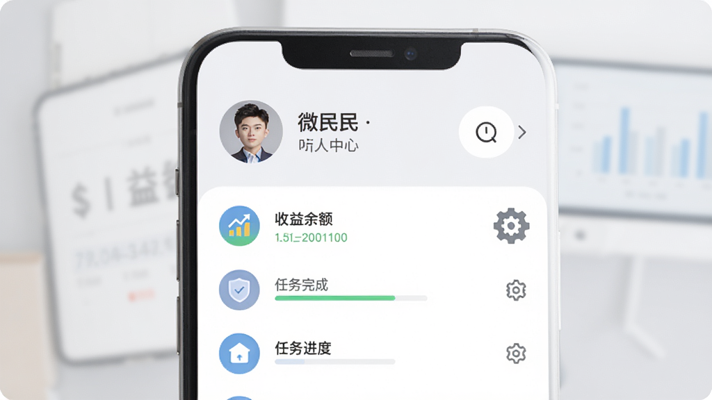 微民生活App个人中心页面示意图,画面展示头像、昵称、收益余额、任务完成进度与设置齿轮图标,背景为浅灰色渐变,布局为竖版手机界面,风格简约商务,细节包含列表式菜单与圆形图标,画质高清,干净,无多余元素