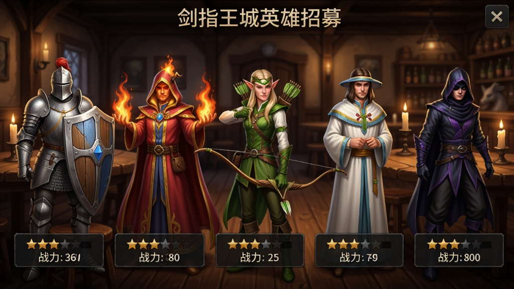 剑指王城英雄招募界面,画面中展示五位不同职业的英雄立绘,从左到右依次为持盾骑士、火焰法师、精灵弓箭手、治疗牧师、暗影刺客,每位英雄下方有星级与战力数值,背景为酒馆内部场景,木质桌椅与烛台点缀,整体风格为写实魔幻游戏UI,布局为横向排列,画质高清,画面干净,无多余元素