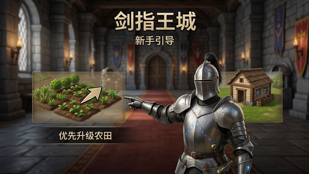 剑指王城新手引导界面,画面展示一位骑士正在指点玩家操作,界面中有箭头指向农田与兵营,旁边有文字提示“优先升级农田”,背景为城堡内部大厅,整体风格为写实魔幻游戏教程画面,布局为居中展示,画质高清,画面干净,无多余元素
