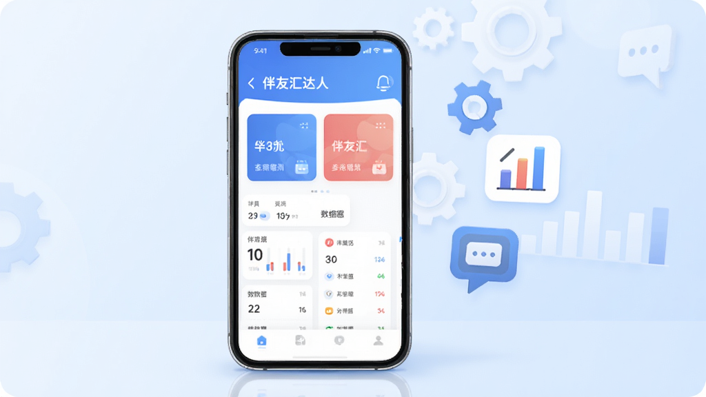 伴友汇达人软件主界面展示,画面中央放置一部智能手机,手机屏幕上显示伴友汇达人应用首页,页面包含功能卡片与数据面板;手机右侧漂浮着齿轮、图表、对话气泡等图标,象征工具属性;背景为浅蓝色渐变,光线柔和干净;整体风格为扁平化科技插画,细节清晰,画质高清,无多余元素。