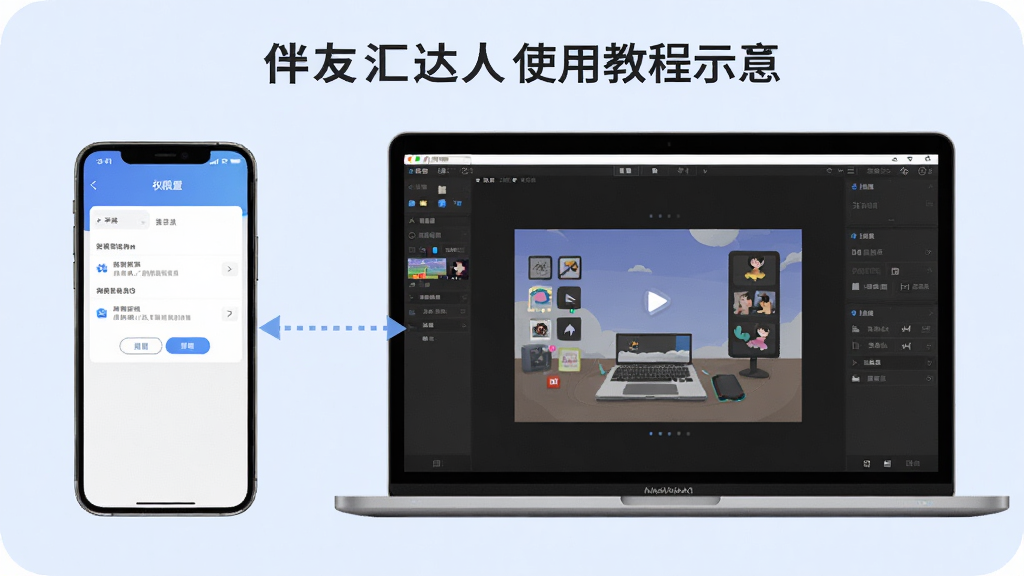 伴友汇达人使用教程示意图,画面展示一部手机与一台笔记本电脑并排摆放,手机屏幕显示权限设置界面,电脑屏幕显示模拟器运行界面;两者之间用虚线箭头连接,象征多端操作;背景为淡蓝色,风格清新简洁,细节清晰,画质干净,无多余元素。