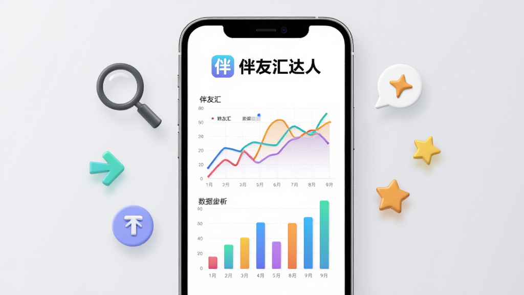 伴友汇达人数据跟踪面板展示,画面中央一部手机显示彩色折线图与柱状图,图表上方有伴友汇达人标识;手机旁漂浮着放大镜、箭头、星星等小图标,象征数据分析与反馈;背景为浅灰色,风格简约现代,细节清晰,画质高清,无多余元素。