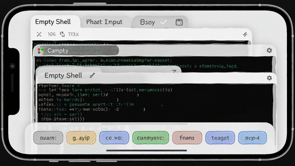 һ��չʾEmpty Shell���ǩ�������빦�ܵ�ͼƬ��������һ���ֻ�������ʾ����Ļ���ж���ն˱�ǩҳ��ÿ����ǩҳ��ʾ��ͬ���������ݣ��ֻ��·���һ������������������������ť������Ϊ��ɫ������Ϊ�ֻ����У��Ű�Ϊ����չʾ�����Ϊ�Ƽ���UI��ƣ�ϸ�ڰ�����ǩҳ�����ť���ն����֣������������ɾ����޶���Ԫ��