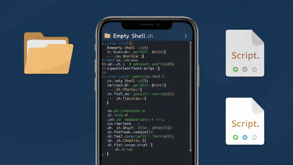 һ��չʾEmpty Shell�ű�ִ�����ļ��������ܵ�ͼƬ��������һ���ֻ���Ļ��ʾ�ն˽��棬����ִ��һ��.sh�ű��ļ�����Ļ�Ϲ����Žű�������ݣ��ֻ��Ա����ļ���ͼ��ͽű��ļ�ͼ�꣬����Ϊ����ɫ������Ϊ�ֻ����У��Ű��࣬���Ϊ�Ƽ���ƽ�磬ϸ�ڰ����ű����롢�ļ��С��ն�����������������ɾ����޶���Ԫ��
