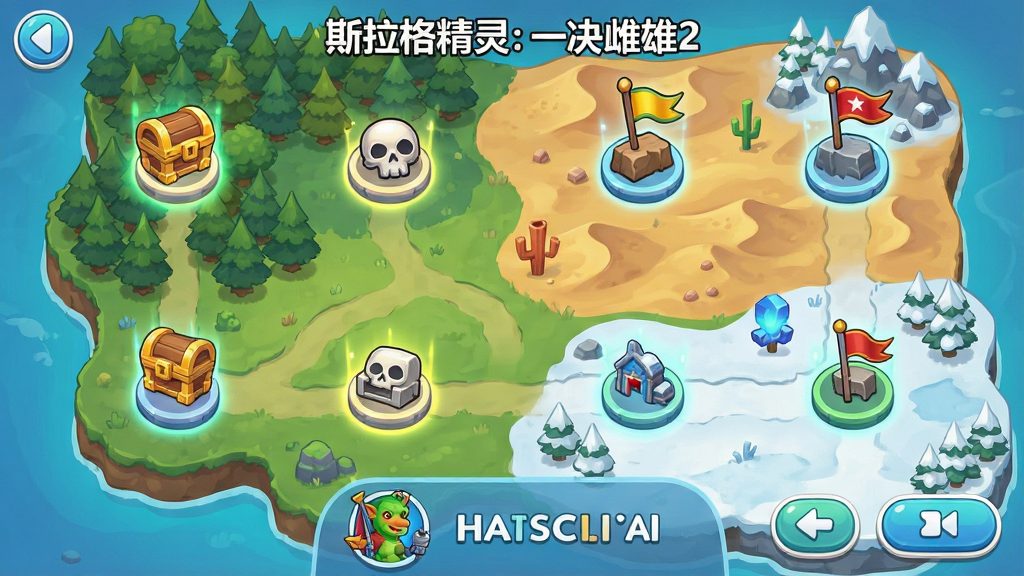 �����ӽ�չʾ��Ϸ�ؿ�ѡ����棬��ͼ�Ϸֲ�����ؿ��ڵ㣬�ڵ�ͼ���б��䡢���á����ĵȣ�����Ϊ��ͨ�����ͼ������ɭ�֡�ɳĮ��ѩ�ص����򣬽���ײ���˹�������ͼ�꣬����������������ϸ�ڰ�����ͼ�������ڵ㷢��Ч����UI��ť��Բ����ƣ����ʸɾ��޶���Ԫ�أ�ͼ�����ֱ�ע��˹������:һ������2��