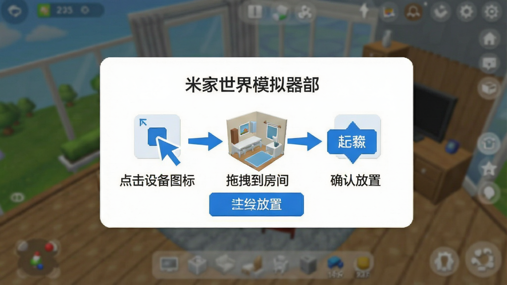 米家世界模拟器新手引导界面,画面展示一个手机屏幕截图风格的教学弹窗,弹窗内用箭头标注了“点击设备图标”“拖拽到房间”“确认放置”三个步骤,背景是虚化的游戏主界面,整体采用扁平化设计,配色为白色弹窗加蓝色按钮,文字清晰易读,画质干净,无多余装饰