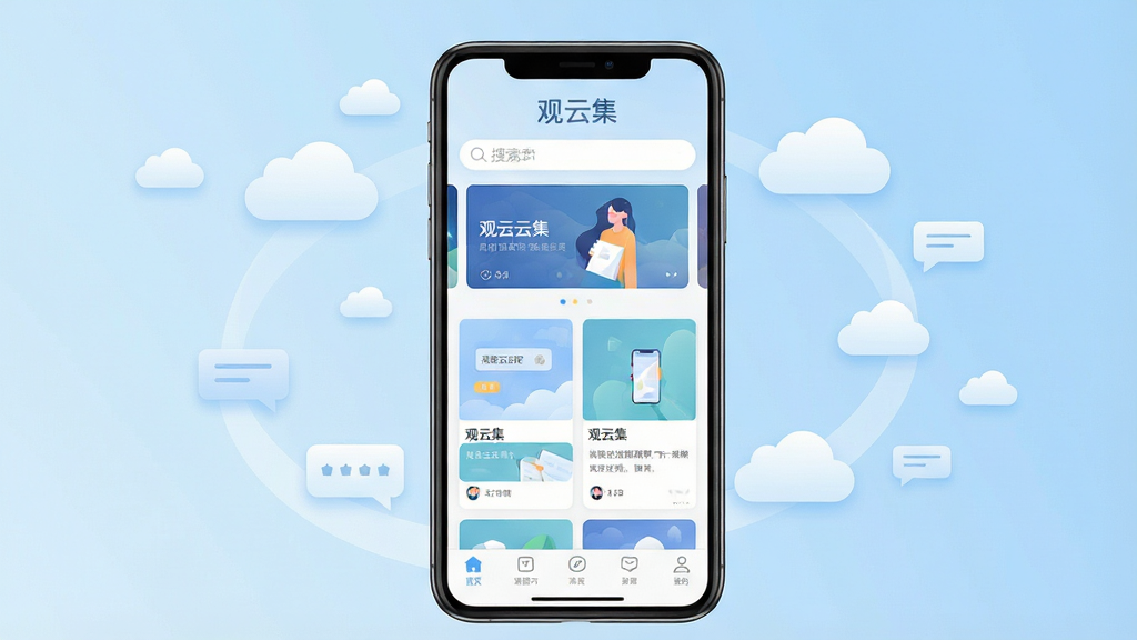 一张展示观云集手机应用界面的场景图,画面中央是一部竖屏智能手机,屏幕内呈现观云集的首页布局,上方有搜索栏和轮播图,中部是卡片式内容流,底部为导航菜单。手机周围环绕着漂浮的云朵图标和聊天气泡,背景为浅蓝色渐变。整体风格清新简约,采用扁平化设计,细节清晰,画质干净明亮,无多余元素,软件名称“观云集”以柔和字体出现在屏幕顶部。