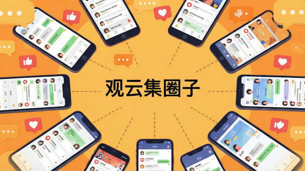 一张展示观云集兴趣圈子互动功能的场景图,画面中多部手机围绕成一个圆形,每部手机屏幕显示不同的圈子聊天界面和动态卡片,手机之间用虚线连接代表互动。背景为温暖的橙黄色调,带有抽象的对话气泡和心形点赞图标。风格为现代扁平插画,布局均衡,细节丰富,画质干净明亮,无多余元素,画面中央有“观云集圈子”文字标识。