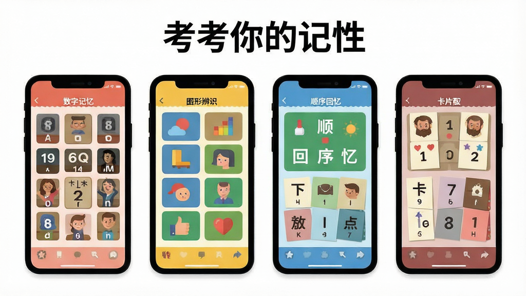 一张展示记忆力训练应用多种游戏模式的界面截图插画,画面中并排展示四个手机屏幕,分别呈现数字记忆、图形辨识、顺序回忆、卡片配对四种不同的游戏界面,每个界面色彩区分明显,布局清晰,风格统一为扁平化设计,背景为干净的白色,画质高清,无多余装饰元素,图片中标注“考考你的记性”文字。