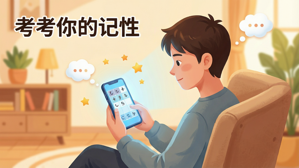 一幅展示用户使用手机进行记忆力训练的场景插画,画面中一位年轻人坐在舒适的椅子上,手持手机专注地玩记忆配对游戏,手机屏幕发出柔和的蓝光,周围有淡淡的思维气泡和星星点缀,背景是温馨的室内环境,整体风格温暖明亮,画质高清,干净无多余元素,图片中标注“考考你的记性”文字。