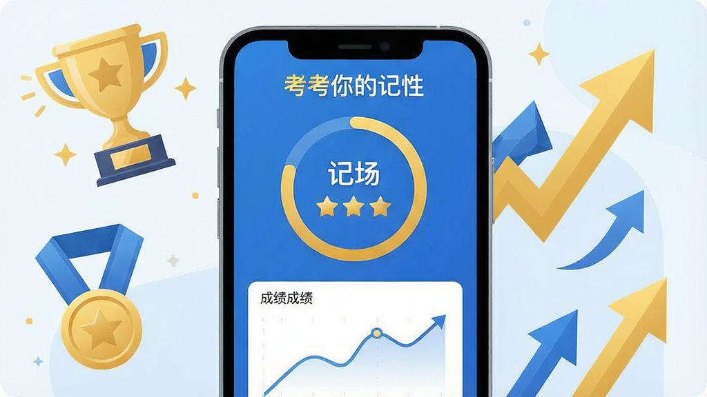 一幅表现记忆力训练成绩反馈的手机应用界面插画,画面中一部手机屏幕上显示着圆形进度条、星级评分和成绩折线图,周围点缀着奖杯、勋章和上升箭头等激励元素,整体色调以蓝色和金色为主,风格简洁现代,画质高清,干净无多余元素,图片中标注“考考你的记性”文字。