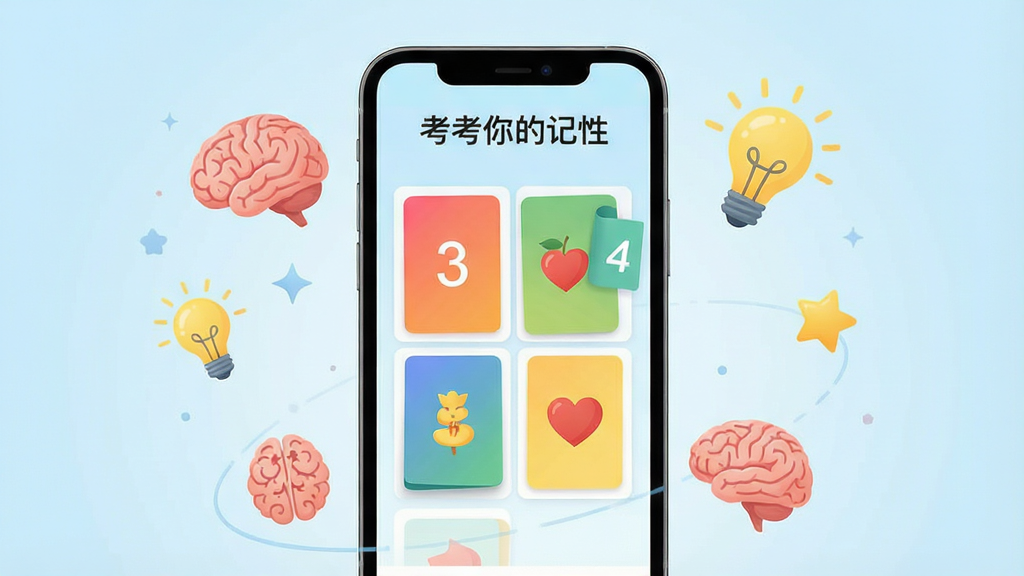 一幅展示手机屏幕中运行记忆力训练应用的场景插画,画面中央是一部竖屏手机,屏幕上显示着色彩鲜明的记忆卡片翻牌游戏界面,卡片上有数字和图案,手机周围环绕着大脑、灯泡、星星等代表记忆与智慧的元素符号,背景采用柔和的浅蓝色渐变,整体风格清新简洁,细节丰富,画质高清,干净无多余元素,图片中文字标注“考考你的记性”。