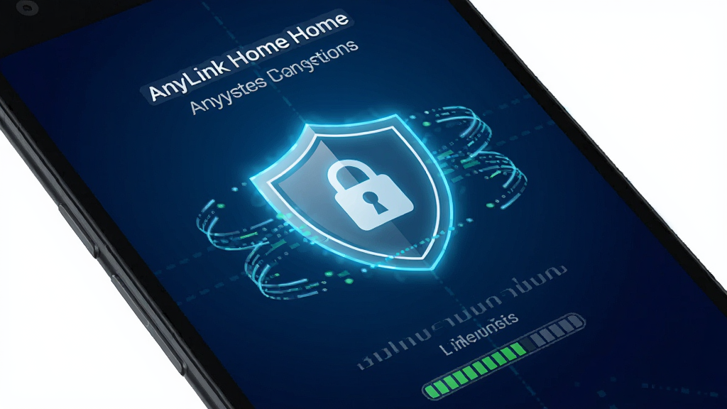 一部安卓手机屏幕显示AnyLink Home加密连接已建立的提示界面,屏幕中央有一个发光的盾牌图标,盾牌内部有锁形符号,盾牌周围环绕着数据流线条,背景为深蓝色渐变,风格为现代安全科技风,细节包括加密状态文字和信号强度指示条,画质清晰,无多余元素