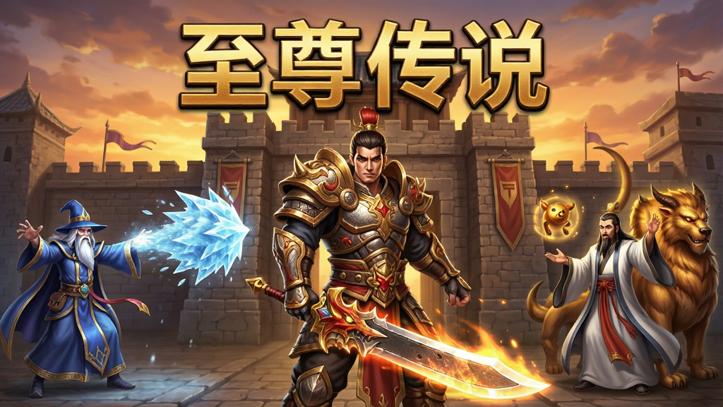 一幅展示“至尊传说”手游全貌的宣传图,画面主体为一位身穿华丽战甲、手持发光屠龙宝刀的战士角色站在沙巴克城门前,背景左侧是法师释放冰咆哮技能,右侧是道士召唤神兽,天空呈现黄昏色调,整体布局为横版游戏宣传海报风格,排版上游戏名称“至尊传说”以金色大字位于画面正上方,风格为经典传奇类游戏视觉,细节包括角色装备纹理、技能光效、城门砖石质感,画质为高清游戏原画,干净,无多余元素