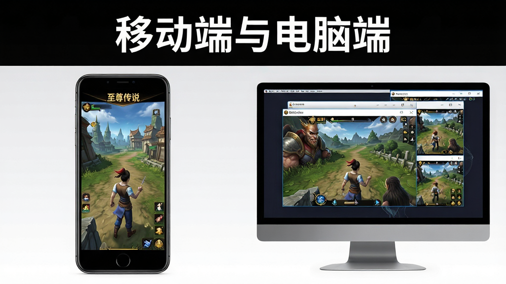一张展示“至尊传说”手游在手机与模拟器上同时运行的对比图,主体为左侧手机屏幕显示竖屏游戏界面、右侧电脑屏幕显示模拟器多开窗口,布局为左右并排对比,排版上顶部以白色文字标注“移动端与电脑端”,风格为数码产品展示图,细节包括手机边框、模拟器窗口标题栏、游戏画面同步,画质为高清产品渲染,干净,无多余元素