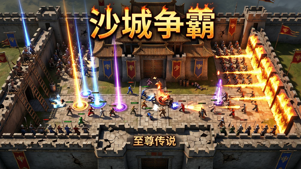 一张描绘“至尊传说”沙巴克攻城战的宏大场景,主体为密密麻麻的玩家角色在城墙上下激战,左侧攻城方架设云梯,右侧守城方释放火墙,画面中央皇宫大门紧闭,布局为俯视视角的全景战场,排版上画面顶部以燃烧字体显示“沙城争霸”,风格为史诗级传奇团战,细节包括技能光柱、角色倒地效果、城墙破损痕迹,画质为高精度CG渲染,干净,无多余元素