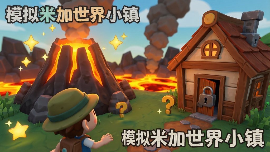 模拟米加世界小镇隐藏区域探索场景,主体是一个发光的火山洞口和旁边上锁的房屋,布局为前景角色抬头张望背景是岩浆和烟雾,排版突出神秘感,风格为卡通奇幻风格,细节包含闪烁的星星、问号图标和隐藏通道,画质高清干净,画面中带有“模拟米加世界小镇”文字,无多余元素