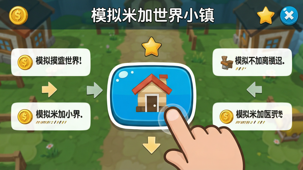 模拟米加世界小镇新手引导界面,主体是一个卡通手指点击屏幕上的建造按钮,布局为中央大按钮周围环绕说明文字,排版简洁明了,风格为扁平插画风格,细节包含金币图标、星星图标和箭头指示,画质高清干净,画面中带有“模拟米加世界小镇”文字,无多余元素