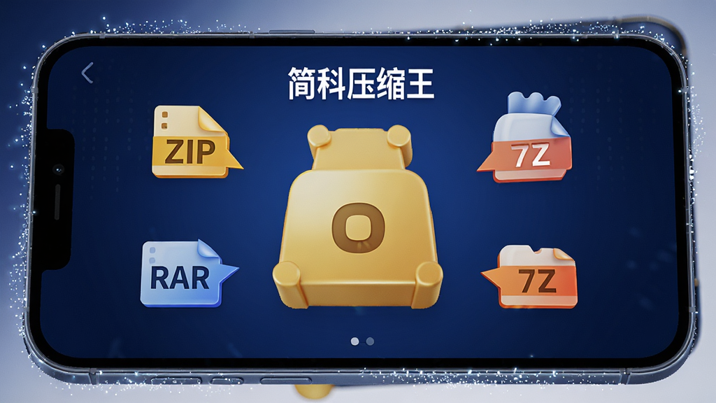 画面主体为一部智能手机,屏幕显示“简科压缩王”APP主界面,界面中央有一个巨大的金色压缩包图标,四周环绕着ZIP、RAR、7Z等格式标签,布局采用居中对称排版,风格为现代科技感3D渲染,细节上手机边缘有微光粒子效果,背景为深蓝色渐变,画质4K超清,干净无多余元素。