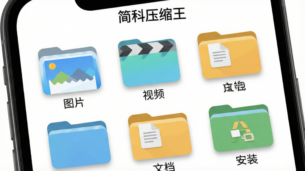 画面主体为一部手机屏幕,屏幕内显示整齐排列的文件夹图标,分别标注“图片”“视频”“文档”“安装包”,布局为网格状排版,风格为扁平化UI设计风,细节上文件夹带有轻微的投影和圆角,背景为纯白色,画质2K超清,干净无多余元素,屏幕顶部写有“简科压缩王”标题。