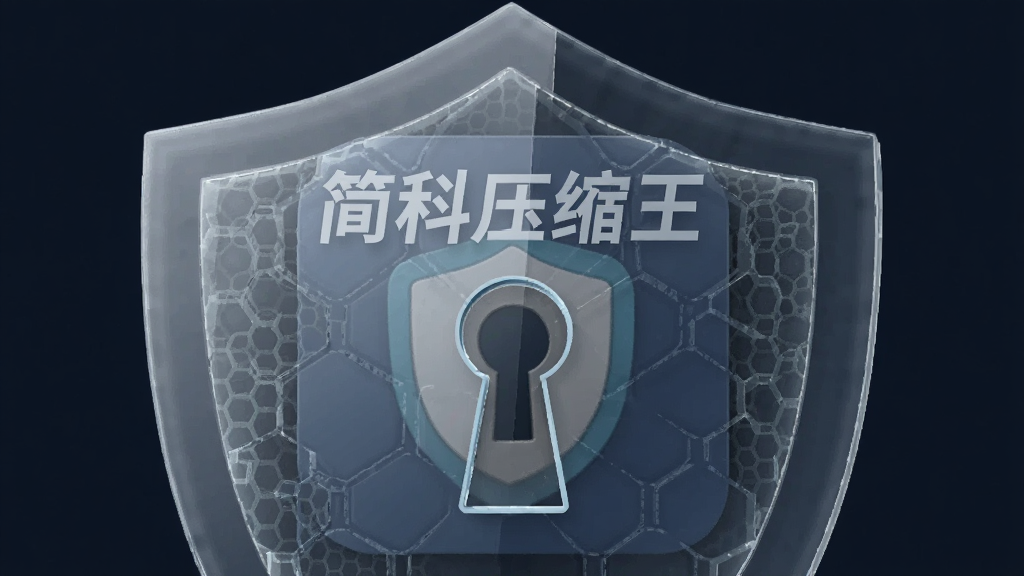 画面主体为一个半透明的盾牌,盾牌中央有一个锁孔,盾牌后方隐约可见“简科压缩王”APP图标,布局为居中特写,风格为安全防护概念风,细节上盾牌表面有六边形蜂窝纹理,背景为深蓝色,画质4K超清,干净无多余元素。