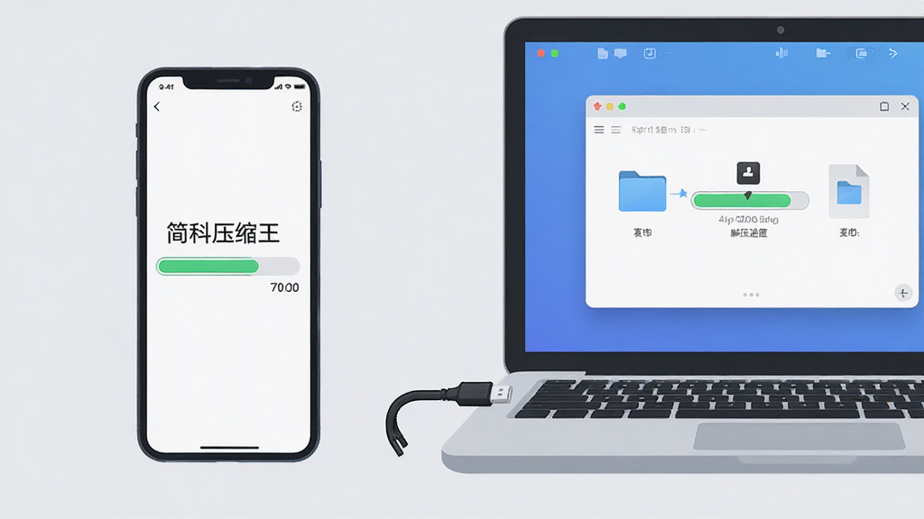 画面主体为一部手机和一台笔记本电脑并排摆放,手机屏幕显示“简科压缩王”的解压进度条,电脑屏幕显示文件传输界面,布局为左右对比式,风格为扁平插画风,细节上手机和电脑之间有数据线连接,背景为浅灰色,画质2K超清,干净无多余元素。