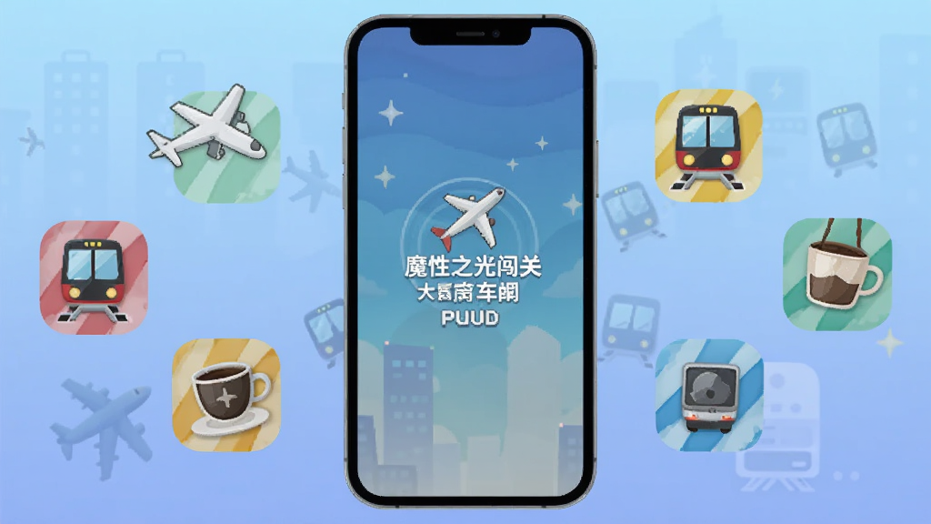 魔性之光闯关大冒险离线模式宣传图,画面中手机屏幕显示游戏暂停界面,周围环绕飞机、地铁、咖啡杯等通勤元素图标,背景为柔和渐变蓝色,风格简约现代,画质干净,无多余元素