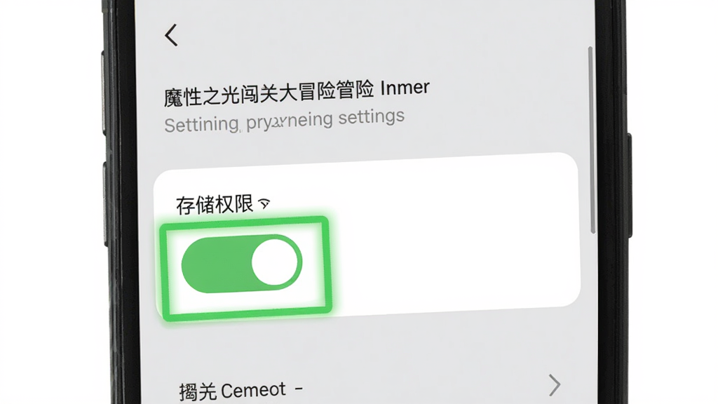 魔性之光闯关大冒险安装权限设置示意图,画面中手机屏幕显示应用权限管理界面,存储权限开关被高亮标注为绿色开启状态,背景为浅灰色系统设置风格,界面简洁清晰,画质干净,无多余元素