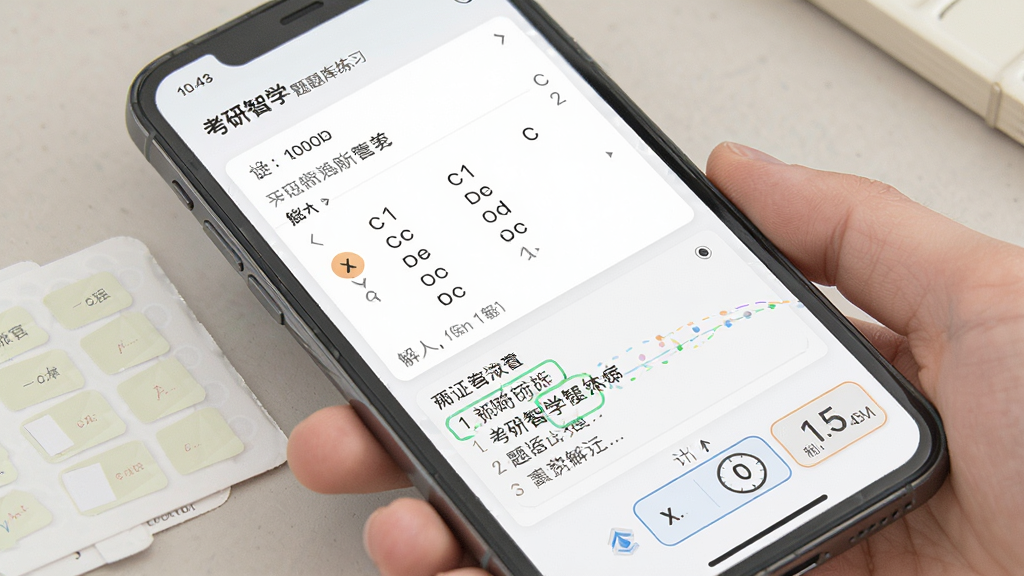 考研智学软件内题库练习界面,主体为手机屏幕显示选择题与解析,布局上下结构,排版整齐,风格清新学术,细节包含答题卡与计时器,画质高清干净无多余元素