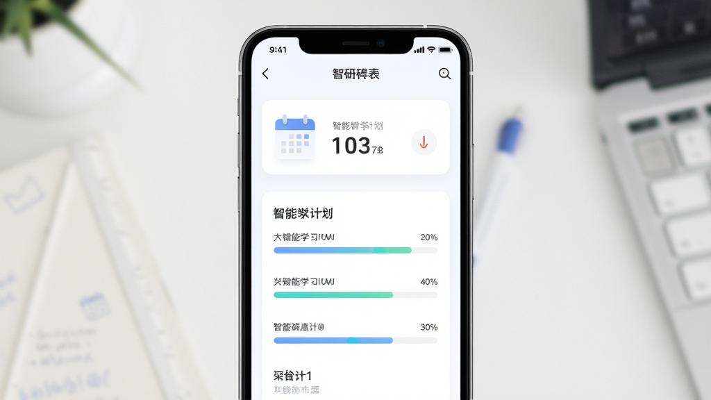 考研智学软件界面展示,主体为手机屏幕中呈现智能学习计划表,布局居中,排版清晰,风格简约现代,细节包含日历图标与进度条,画质高清干净无多余元素