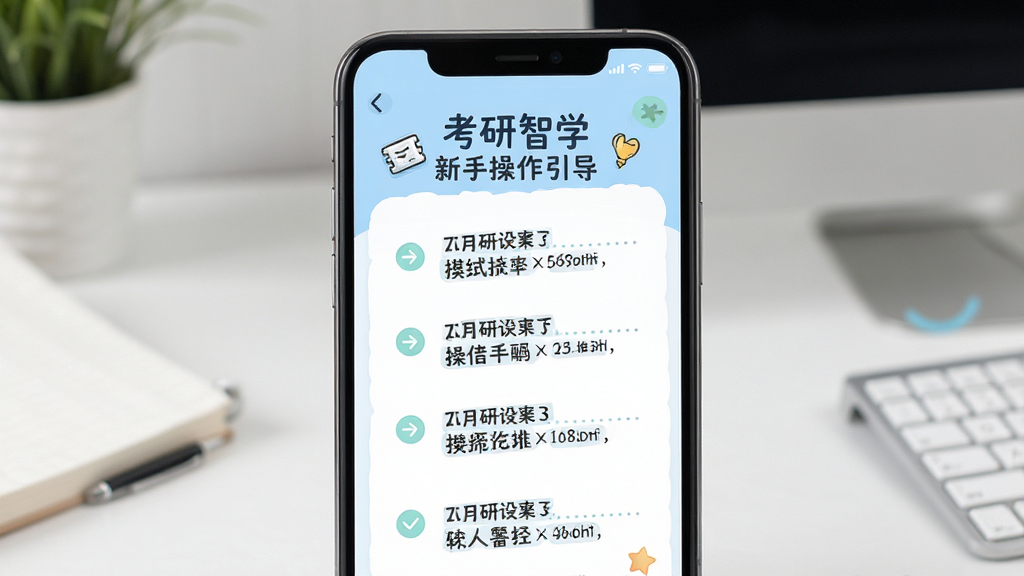 考研智学新手操作引导页面,主体为手机屏幕显示步骤提示,布局竖向排列,排版简洁,风格友好清新,细节包含箭头指引与文字说明,画质高清干净无多余元素
