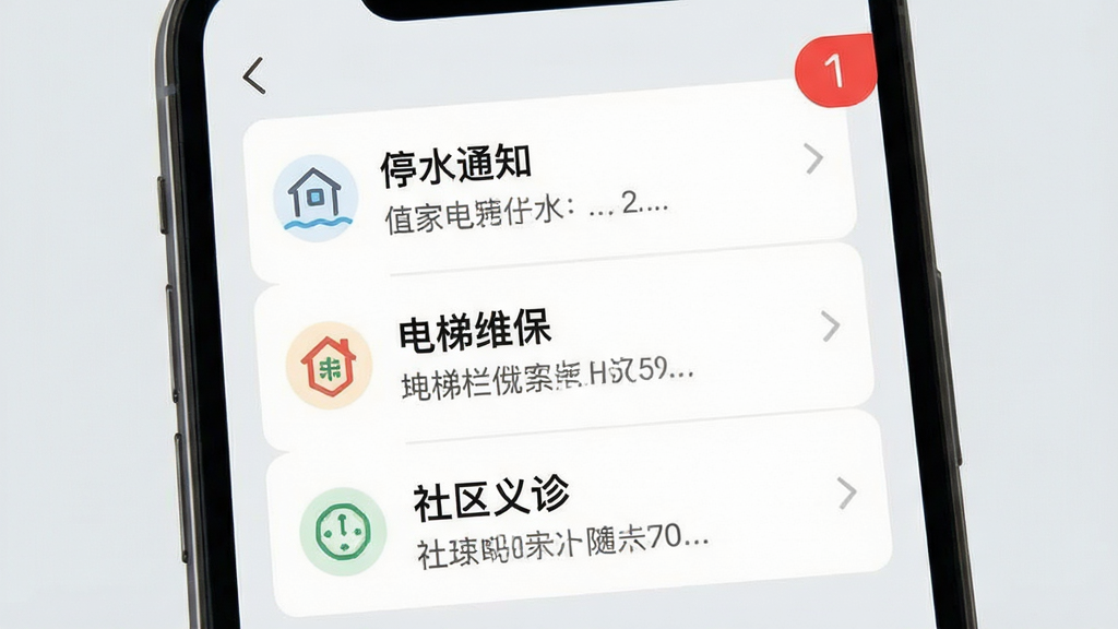 中天联每家社区通知功能展示图,画面主体为手机屏幕特写,屏幕内显示通知列表页面,顶部有红色未读角标,列表项包含停水通知、电梯维保、社区义诊三条内容,每条通知左侧配有对应小图标,背景为浅灰色,布局为垂直列表式,风格为清爽简约,细节上文字排版整齐,画质清晰干净,无多余装饰元素