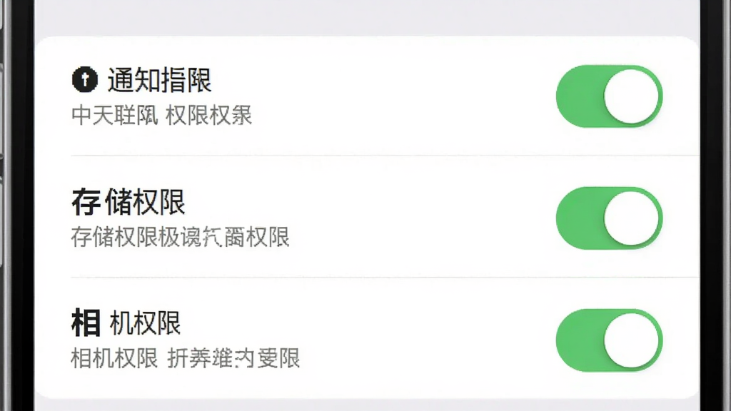 中天联每家安装与权限设置指引图,画面为手机屏幕截图风格,展示应用权限管理页面,包含通知权限、存储权限、相机权限三个开关项,每个开关旁有简短说明文字,背景为白色,布局为垂直列表,风格为系统设置界面风格,细节上开关处于开启状态,画质清晰干净,无多余装饰