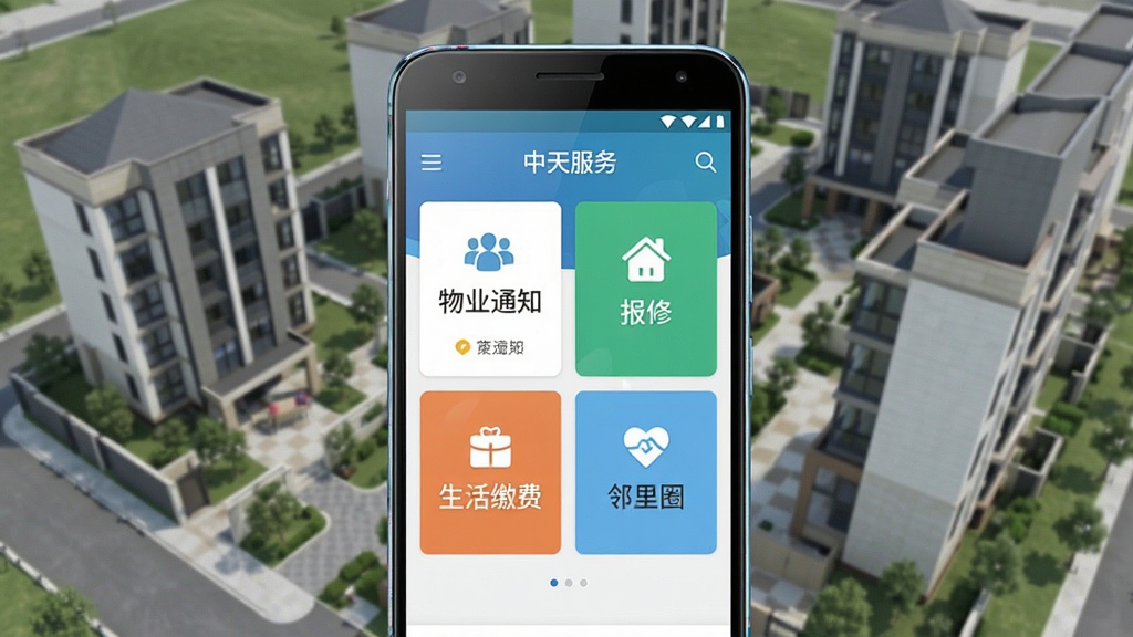 中天联每家软件主界面预览图,画面中央展示一部安卓手机,手机屏幕内呈现社区服务应用首页,包含物业通知、报修入口、生活缴费、邻里圈四个主要功能卡片,背景为现代住宅小区俯瞰图,整体布局简洁清晰,排版采用上下结构,风格为扁平化科技感,细节上手机边框有轻微反光,屏幕内文字清晰可辨,画质干净无多余元素,适合软件下载站展示使用