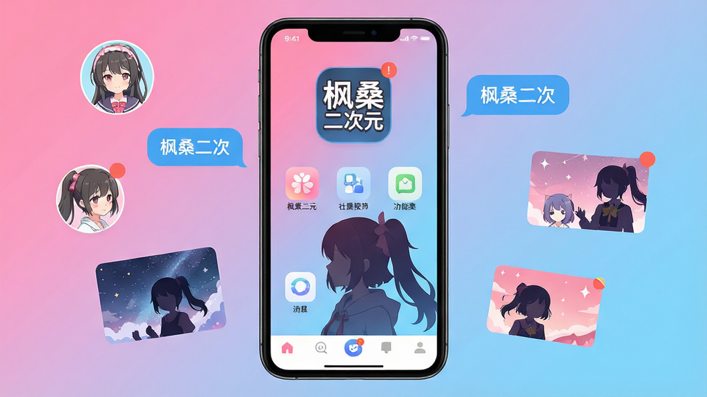 主体为一部智能手机展示二次元社区应用界面,布局为居中手机正面展示,周围漂浮动漫角色头像、聊天气泡和壁纸缩略图,排版采用上下结构上方应用Logo下方功能图标,风格为清新二次元扁平化设计,细节包含粉色与蓝色渐变背景、动漫少女角色剪影、消息通知角标、底部导航栏,画质高清干净无多余元素,画面中文字标注“枫桑二次元”