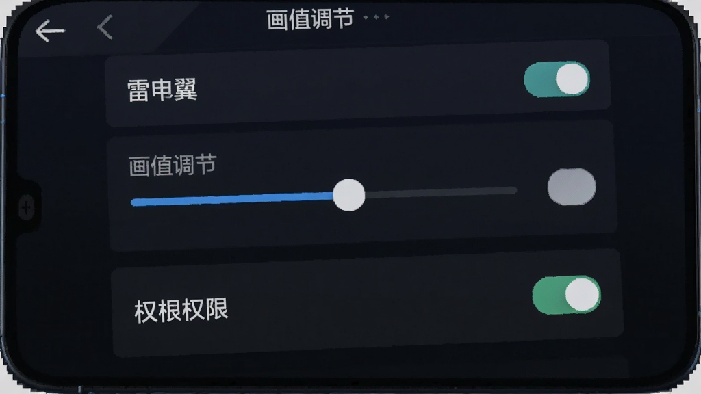 一张展示手机屏幕上雷电之翼游戏设置菜单的图片,主体为画质调节滑块与权限开关,布局为竖屏界面,排版为设置列表,风格为简洁科技风,细节包含中文选项文字、开关按钮、返回箭头,画质为高清手机截图风格,干净,无多余元素