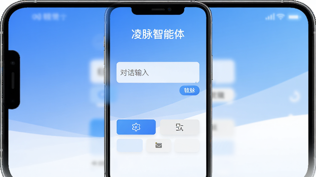 凌脉智能体软件主界面展示,居中布局显示对话输入框与功能按钮,顶部为软件名称“凌脉智能体”,整体采用蓝白渐变配色,界面干净清爽,扁平化设计风格,手机屏幕展示,高清画质,无多余元素