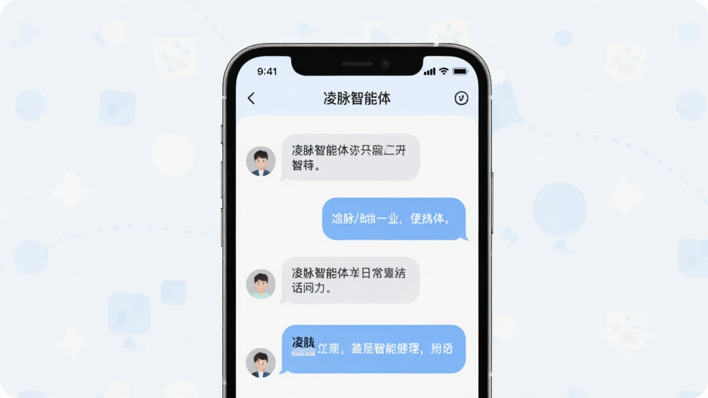 凌脉智能体智能对话界面,手机屏幕中显示用户与AI的对话气泡,对话内容围绕日常问答展开,界面采用浅色主题,顶部标注“凌脉智能体”字样,布局简洁清晰,扁平化UI风格,高清画质,干净无杂乱元素