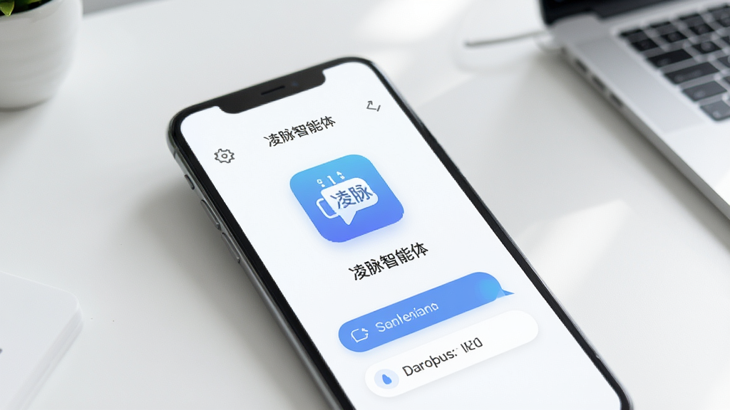 凌脉智能体移动端使用场景,手机屏幕显示软件运行界面,旁边有设置图标与存储空间提示,背景为简洁桌面,软件名称“凌脉智能体”清晰可见,画质高清,风格清新,无多余元素