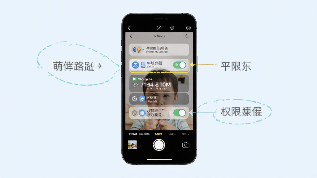 一张展示萌娃相机新手操作提示的示意图,画面中手机屏幕显示萌娃相机的设置界面,高亮标注了存储路径和权限开关,背景为简洁的浅色,布局以手机为中心,风格直观清晰,细节包括权限图标和存储容量显示,画质高清,干净无多余元素