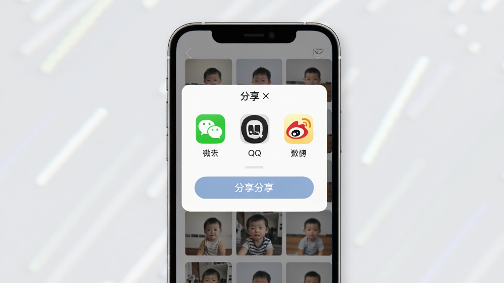一张展示萌娃相机分享功能的界面图,画面中手机屏幕显示照片分享菜单,包含微信、QQ、微博等图标,背景为简洁的浅灰色,布局以分享面板为中心,风格现代简约,细节包括照片缩略图和分享按钮,画质高清,干净无多余元素