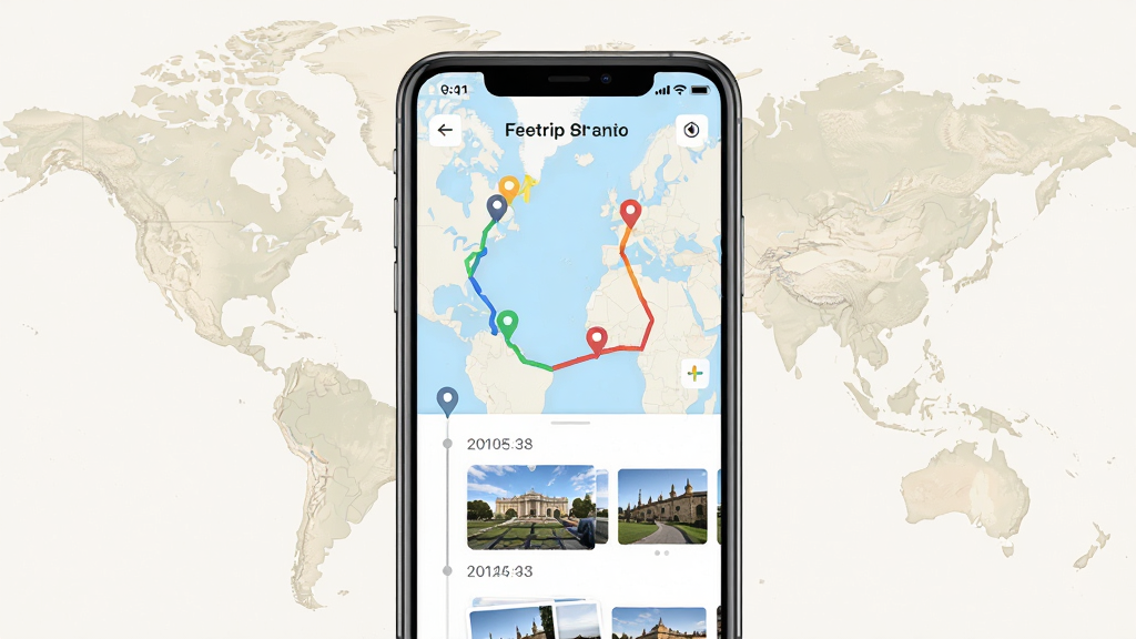 一张展示Feetrip旅行足迹记录应用的手机界面预览图,主体为手机屏幕中显示地图轨迹与旅行照片时间线,布局为居中放置手机模型,背景为浅色世界地图纹理,排版简洁清晰,风格为现代扁平化UI设计,细节包括地图上的彩色路线标记、地点图标、照片缩略图与日期标签,画质高清干净无多余元素