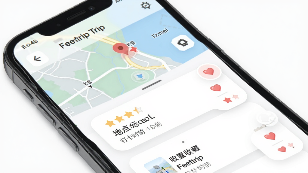 一张Feetrip地点打卡与收藏功能界面图,主体为手机屏幕展示打卡列表与地图标记,布局为上方地图下方卡片列表,排版整齐有序,风格为柔和圆角卡片设计,细节包括星级评分、地点名称、打卡时间、收藏心形图标,画质高清干净无多余元素