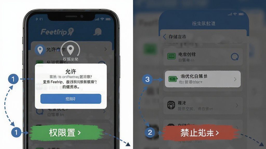 一张Feetrip移动端安装与权限设置操作指引图,主体为手机屏幕显示权限请求弹窗与设置界面,布局为左右分屏对比展示允许与禁止选项,排版清晰标注步骤序号,风格为扁平化教程插图,细节包括位置权限图标、电池优化白名单界面、存储空间提示,画质高清干净无多余元素